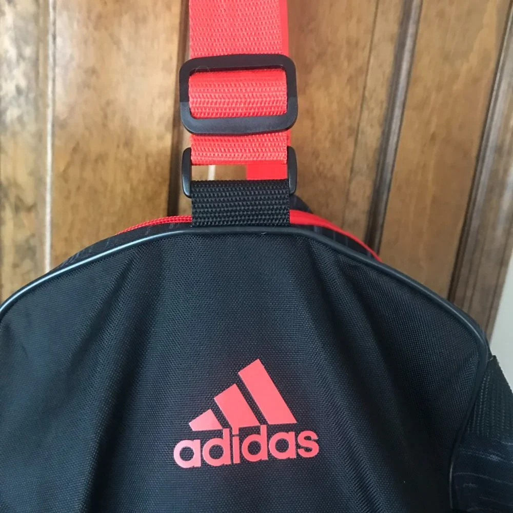 Adidas Black/Gray Duffel Bag w/Red Logo, Zipper & Shoulder Strap - Unisex